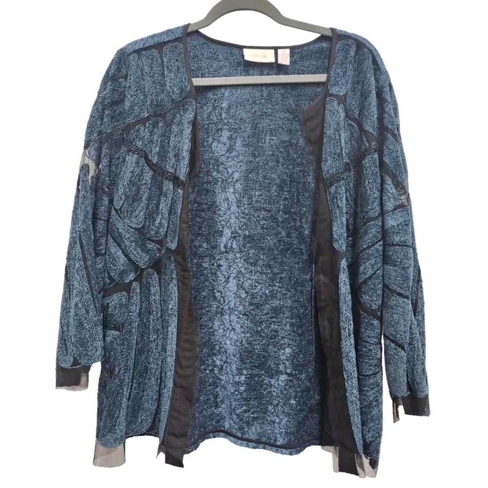 Chicos Open Cardigan Jacket Womens Large Blue Abstract Mesh Burnout Office BOHO